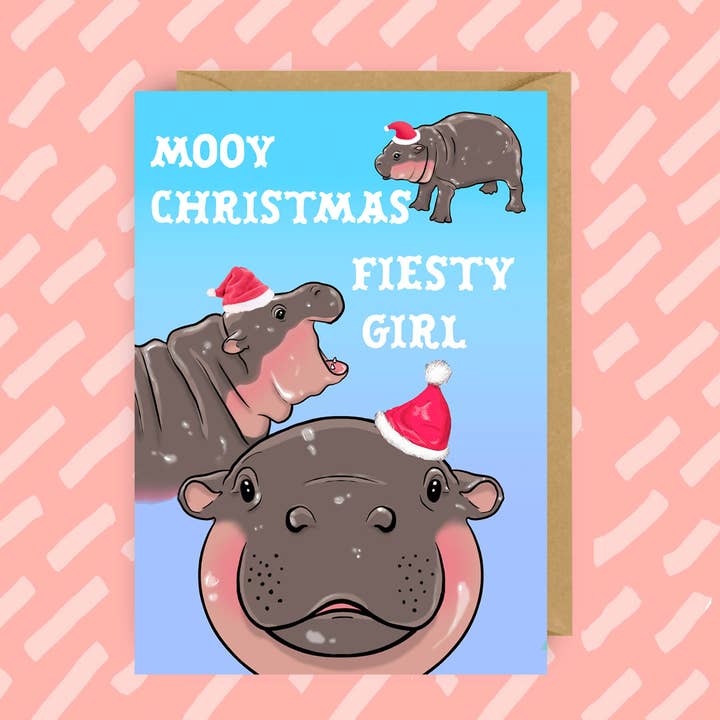 Tarjeta de Navidad divertida de Moo Deng the Hippo — Humorous Hippo para venta al por mayor de The Queer Store
