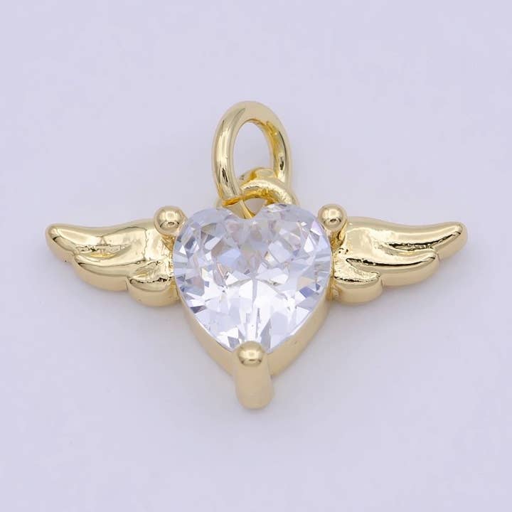 Aim Eternal - Wholesale Individual Charm/Pendant - Mini Gold Angel Wing with Cubic Heart Charm W-1630
