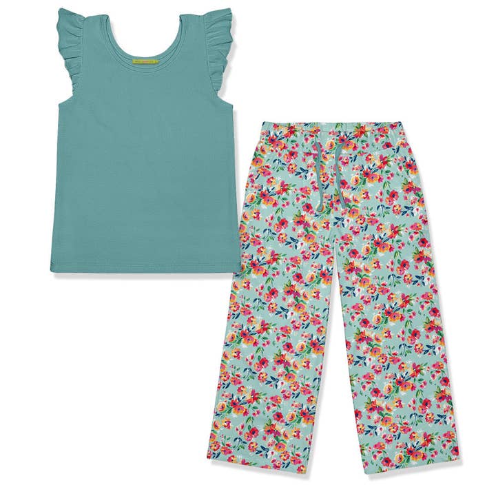 Kids Nile Blue Ribbed Ruffle-Sleeve Top & Floral Wide-Leg Pants for wholesale by Millie Loves Lily