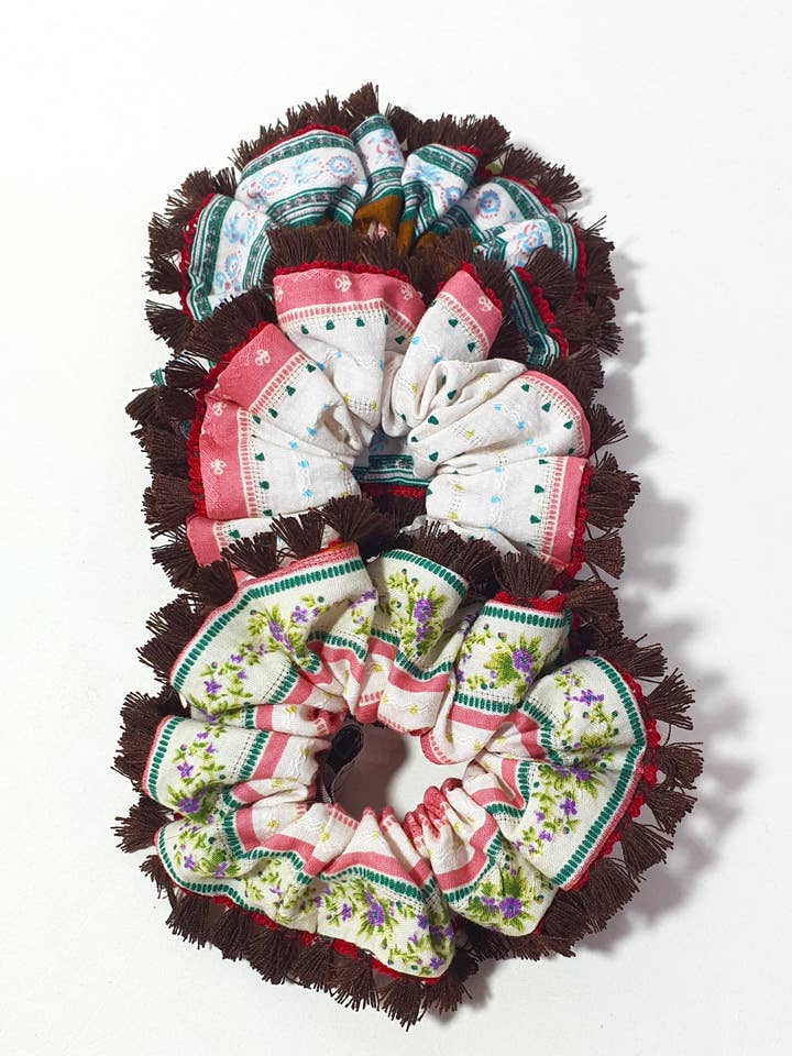 Upcycled Poetry Fringe-Trimmed Hair Scrunchies for wholesale by Beige & Co Thai Crafts