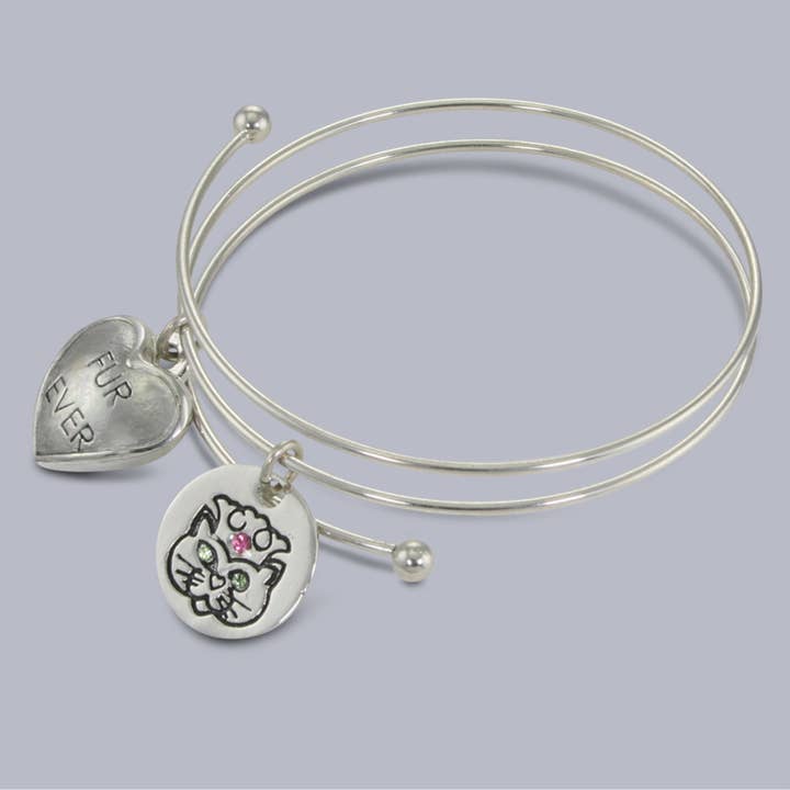 Bangle Bracelet in Rhodium with Diva Cat & FurEver Pet Charm for wholesale by Zelda’s Song