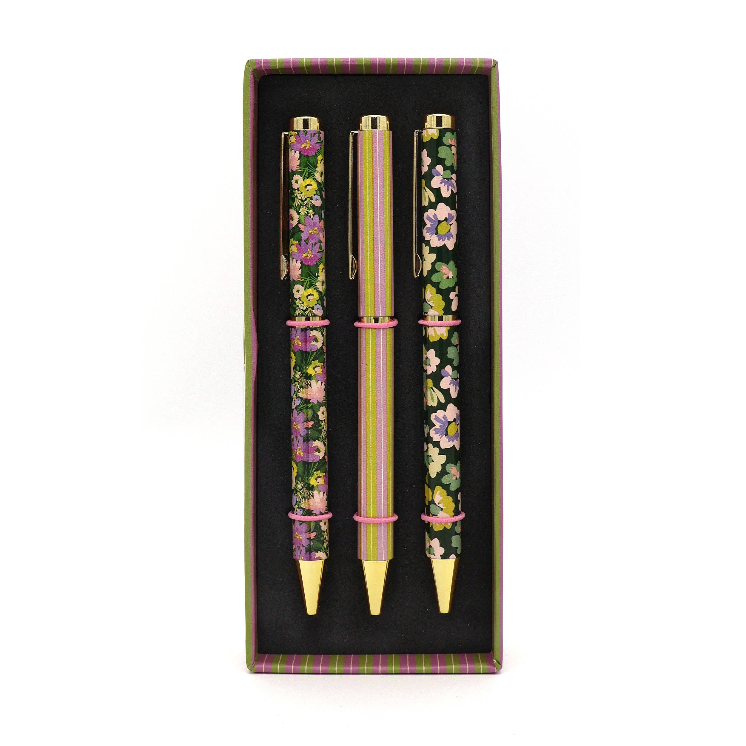 Robert Frederick Ltd – wholesale Pennor – Willow and Belle kulspetspennor med blandade mönster i presentförpackning – set om 3 pennor3