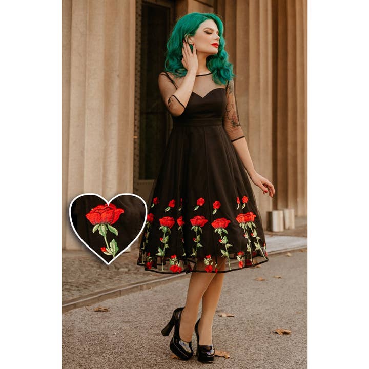 Dolly & Dotty – wholesale Klänning - Dam – Ruby svart aftonklänning med lyxiga broderade rosor