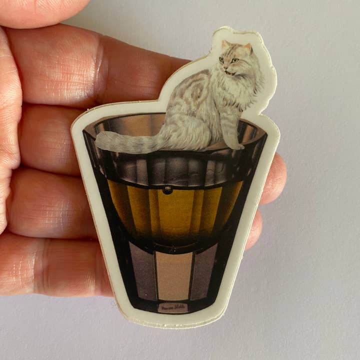 White Cat on Shot Glass Sticker for wholesale by Maureen Shields