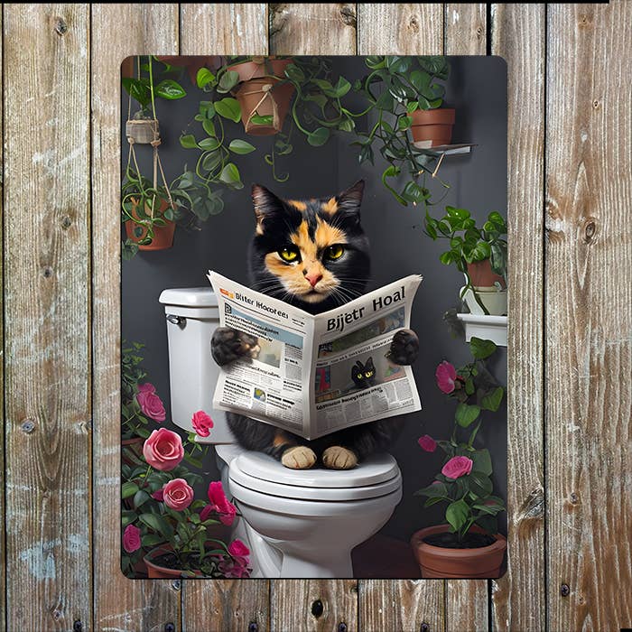 Gato Leyendo Periódico | Baño Aseo | Placa de Metal para venta al por mayor de The British Metal Signs Company