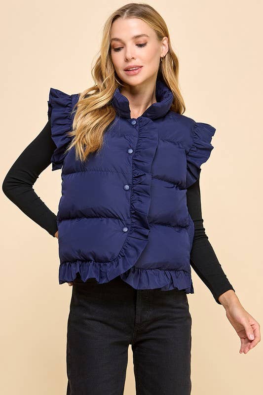 NAVY CV1235-Ruffle Trim Button Down Puffer Vest for wholesale on Faire1