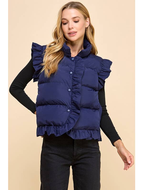 NAVY CV1235-Ruffle Trim Button Down Puffer Vest for wholesale on Faire1