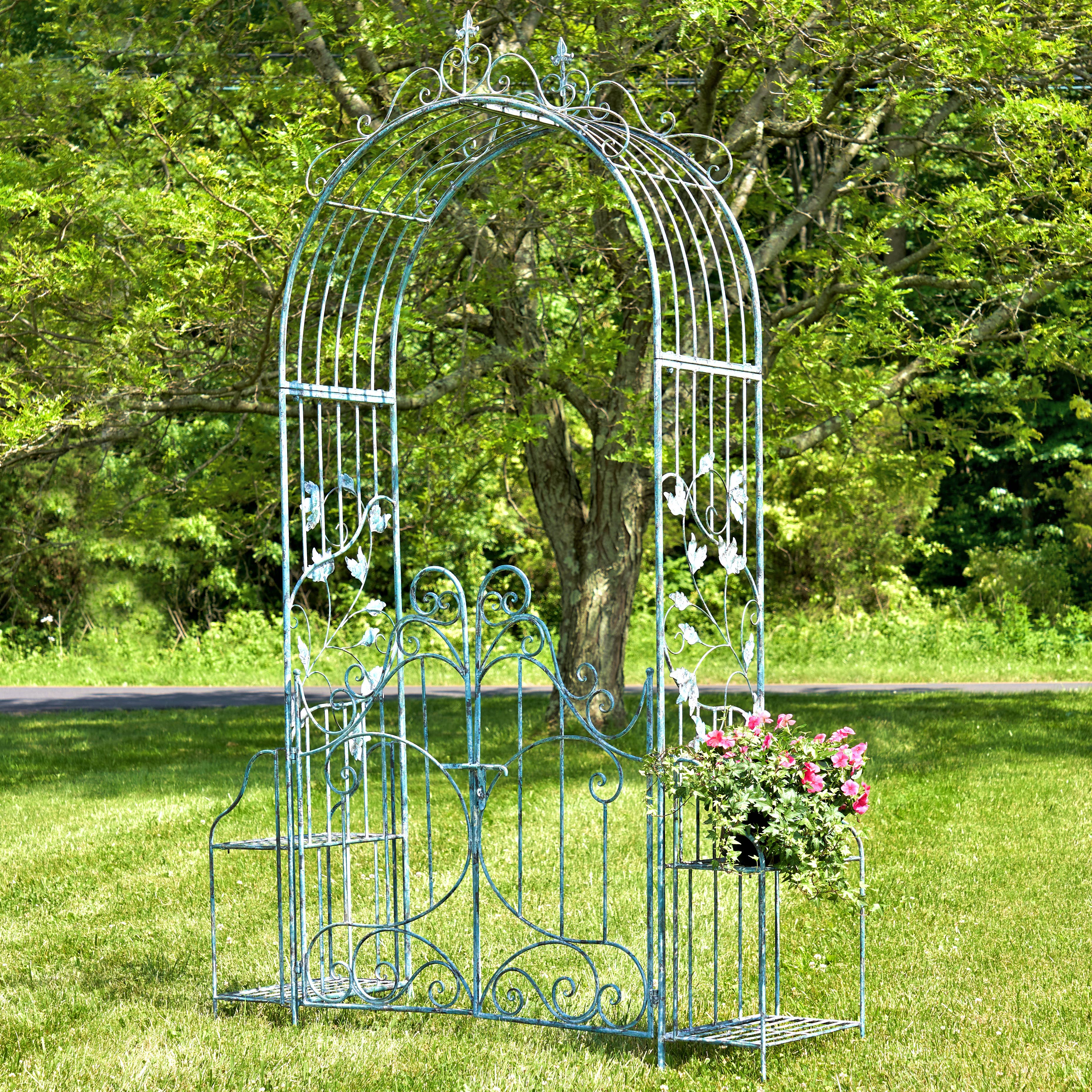 Zaer Ltd. International - Wholesale Outdoor Ornament/Decor - Iron Garden Gate w/Side Plant Stands "Stephania" in 3 Colors0
