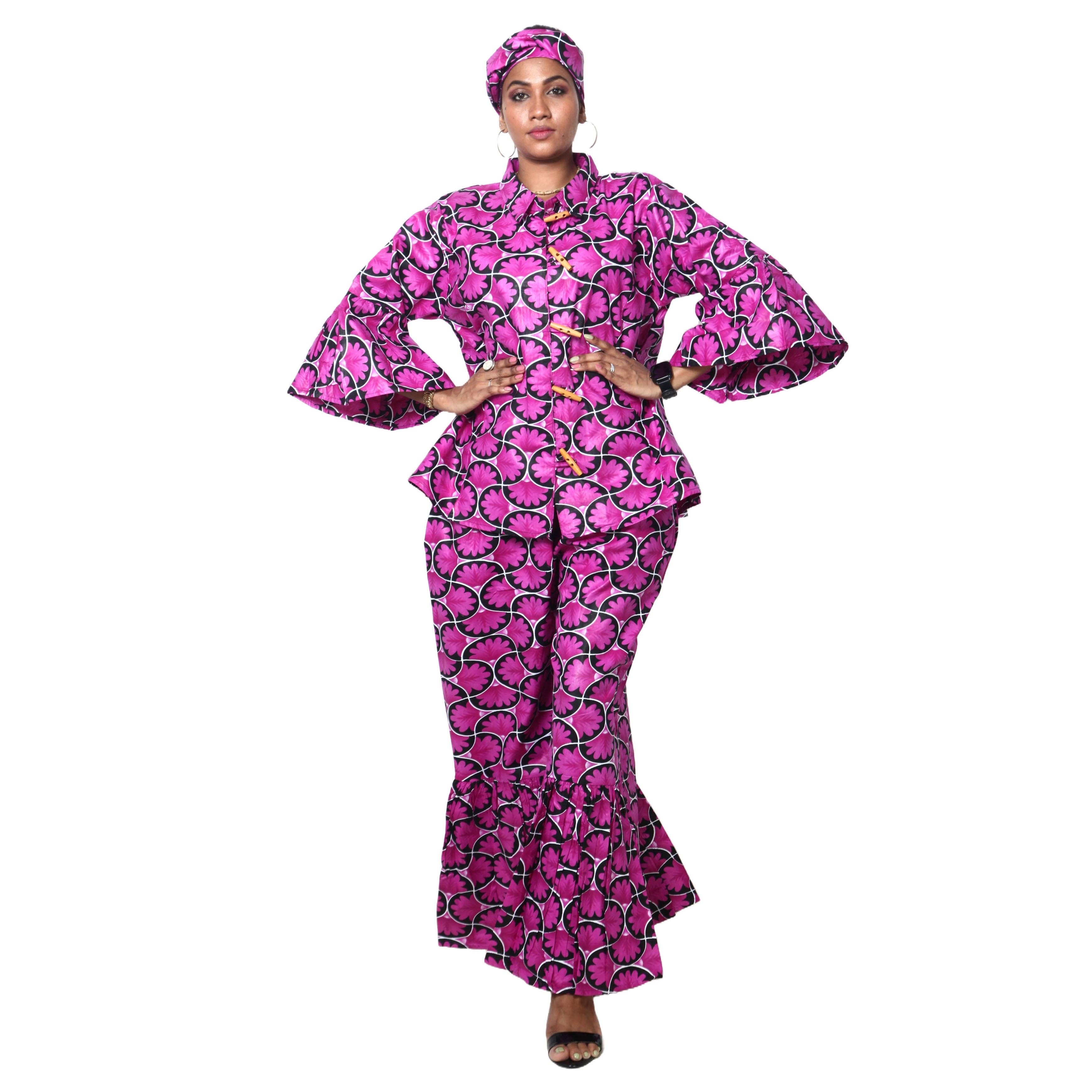 African Stars - Vente Ensemble haut et pantalon (PAS d'intérieur) - Femme - Ensemble Chemisier Femme et Pantalon Palazzo -- Imprimé FI-40506