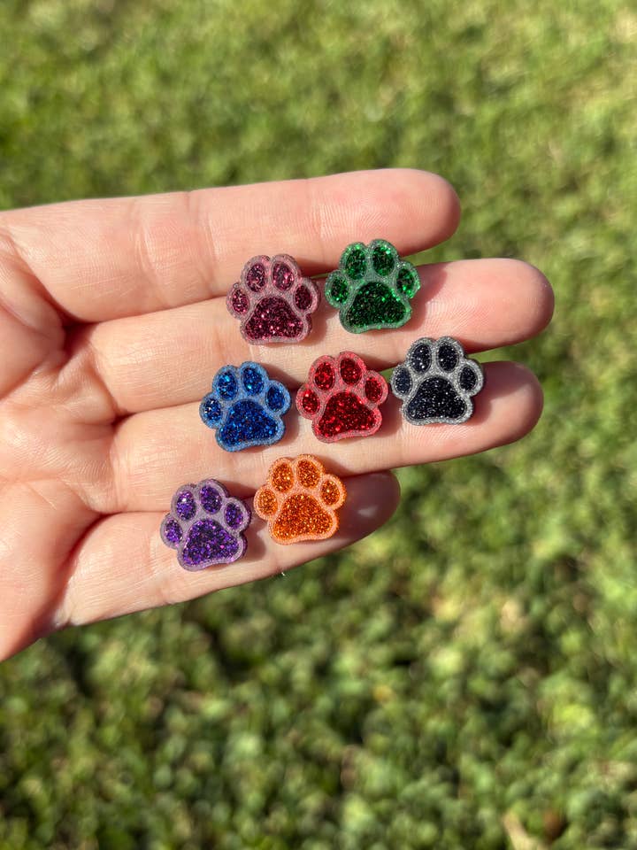 Glitter Paw Print Studs, Mascot Studs, Team Spirit for wholesale by Laser & Color Designs LLC