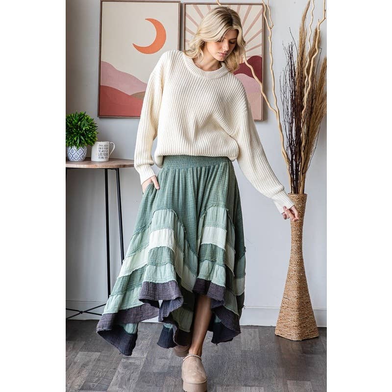 Oli&Hali – wholesale Skirt – Women’s – WASHED TIERED SMOCKED WAIST FLARE HEM SKIRT2