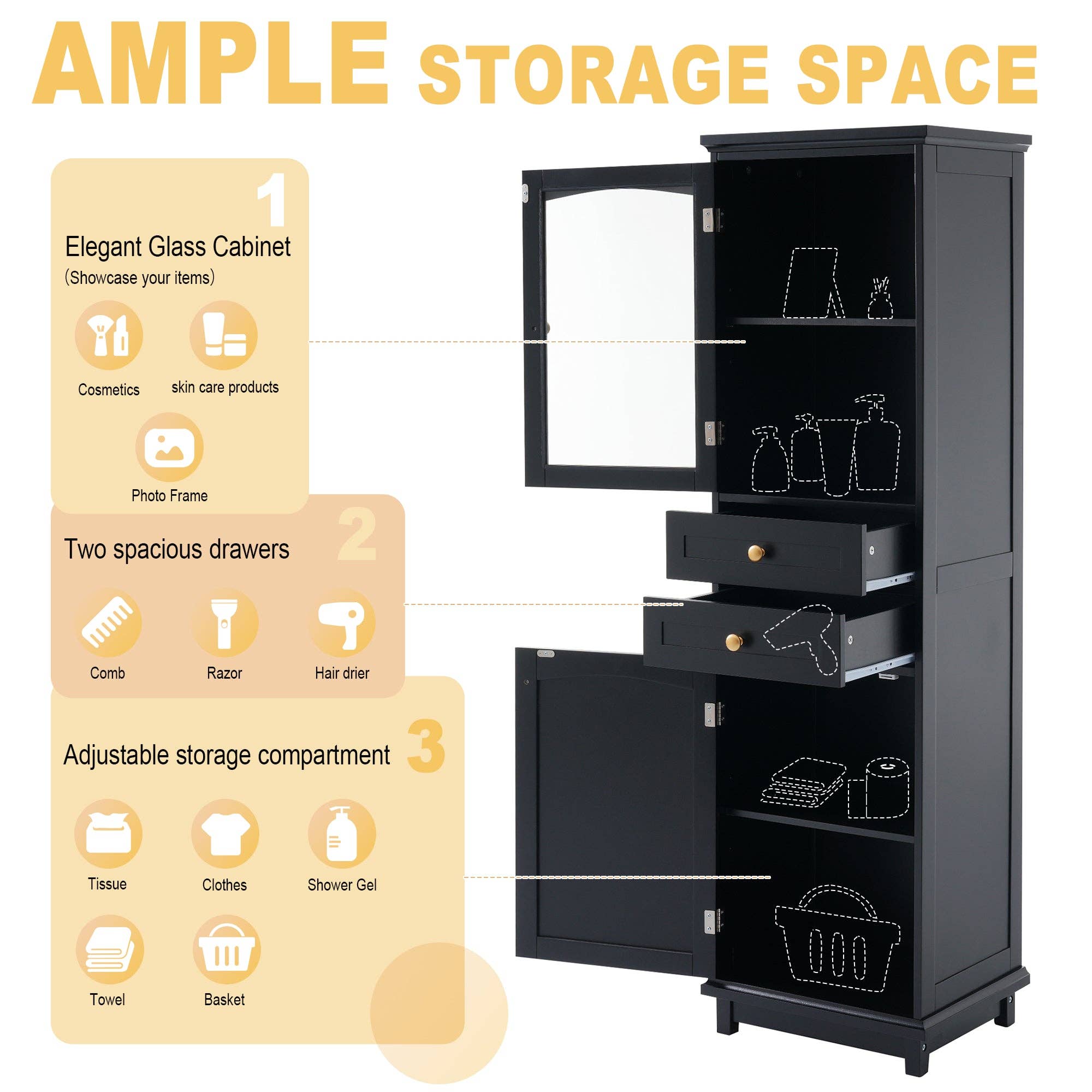 Orange County Decor - Wholesale Cabinet - 63" Tall Bathroom Storage Cabinet With Glass Doors, Free Standing, Two Drawers, And Adjustable Shelves, Mdf Board, Painted Black Perfect For Displaying Your Favorite Items 2 Black 2 4 Adjustable5
