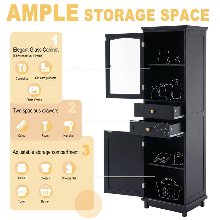Orange County Decor - Wholesale Cabinet - 63" Tall Bathroom Storage Cabinet With Glass Doors, Free Standing, Two Drawers, And Adjustable Shelves, Mdf Board, Painted Black Perfect For Displaying Your Favorite Items 2 Black 2 4 Adjustable5