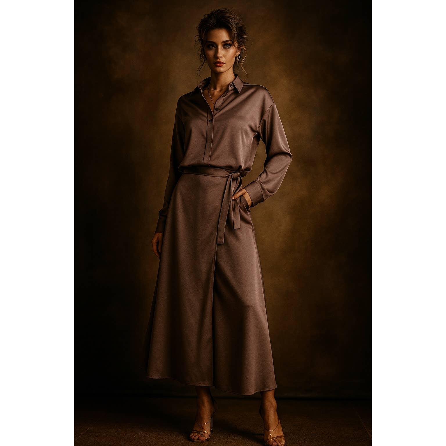 MALVE BRAUN CROP-TOP AUS SATIN MIT WICKELROCK für den Großhandel auf Faire0