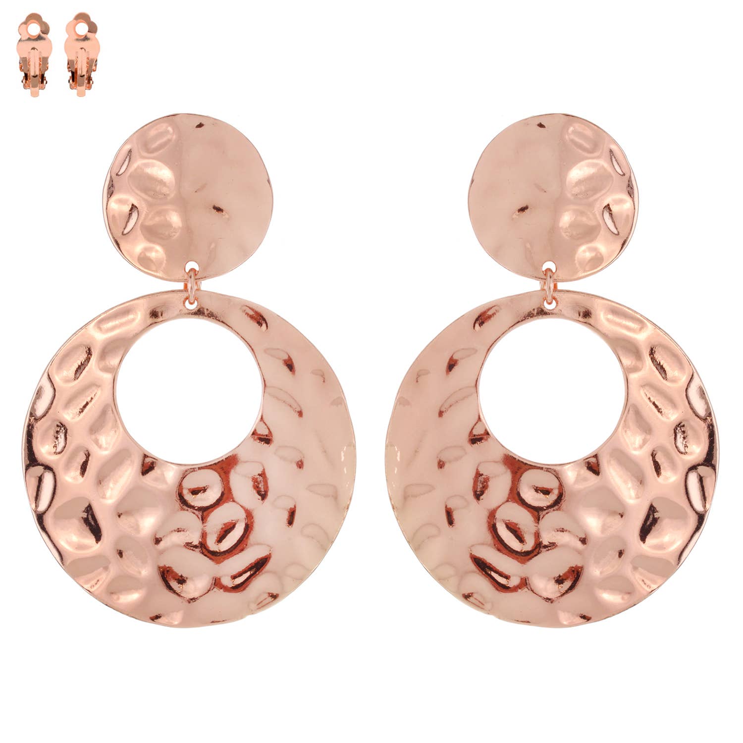 SP Sophia Collection - Wholesale Clip-On Earrings - 2 Tier Boho Hammered Metal Open Disc Dangle Clip On Earrings2