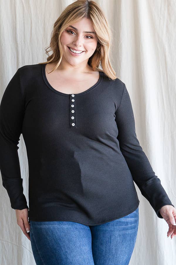 7th Ray - Wholesale Knit Top - Women's - [PLUS SIZE] Thermal Button Front Scoop Neck Top T4316XL7