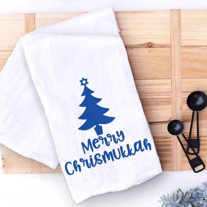 Merry Chrismukkah Jewish Star and Christmas Tree Kitchen Hand and Dish Towel for wholesale by Designing Moments