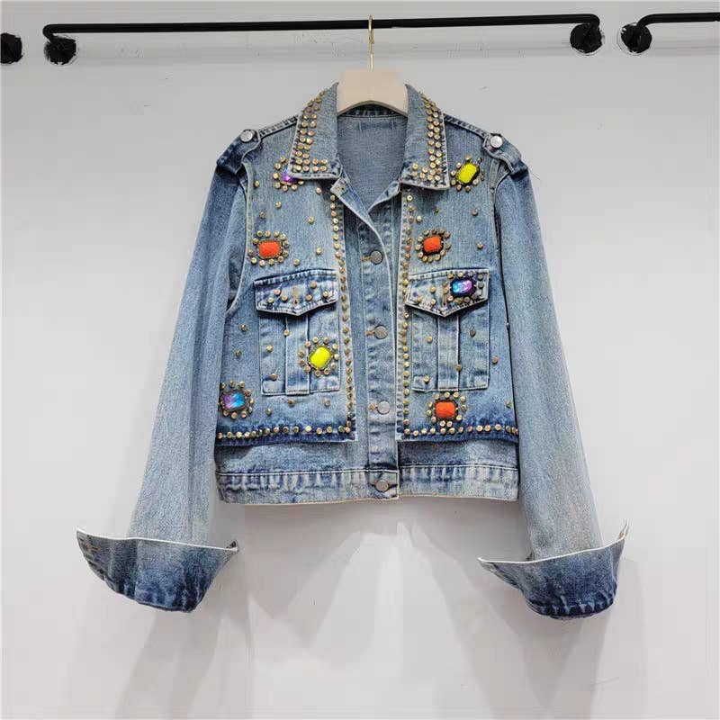Blå JK036 Denimjakke med elegante ædelsten - alsidig mode for engroshandel på Faire