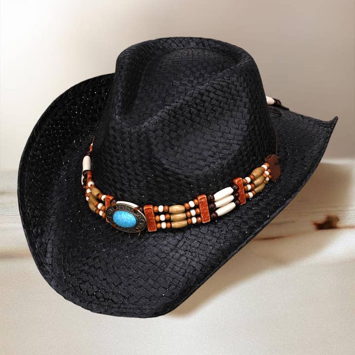Sensibling Corp. - Wholesale Cowboy Hat - Women's - Turquoise Stone Wooden Beaded Band Straw Cowboy Fedora Hat