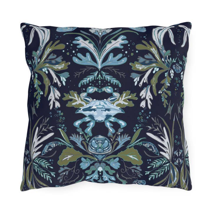 Melissa Dayton Art and Design - Wholesale Throw/Decorative Pillow - Navy Crab Damask -Outdoor Pillows1