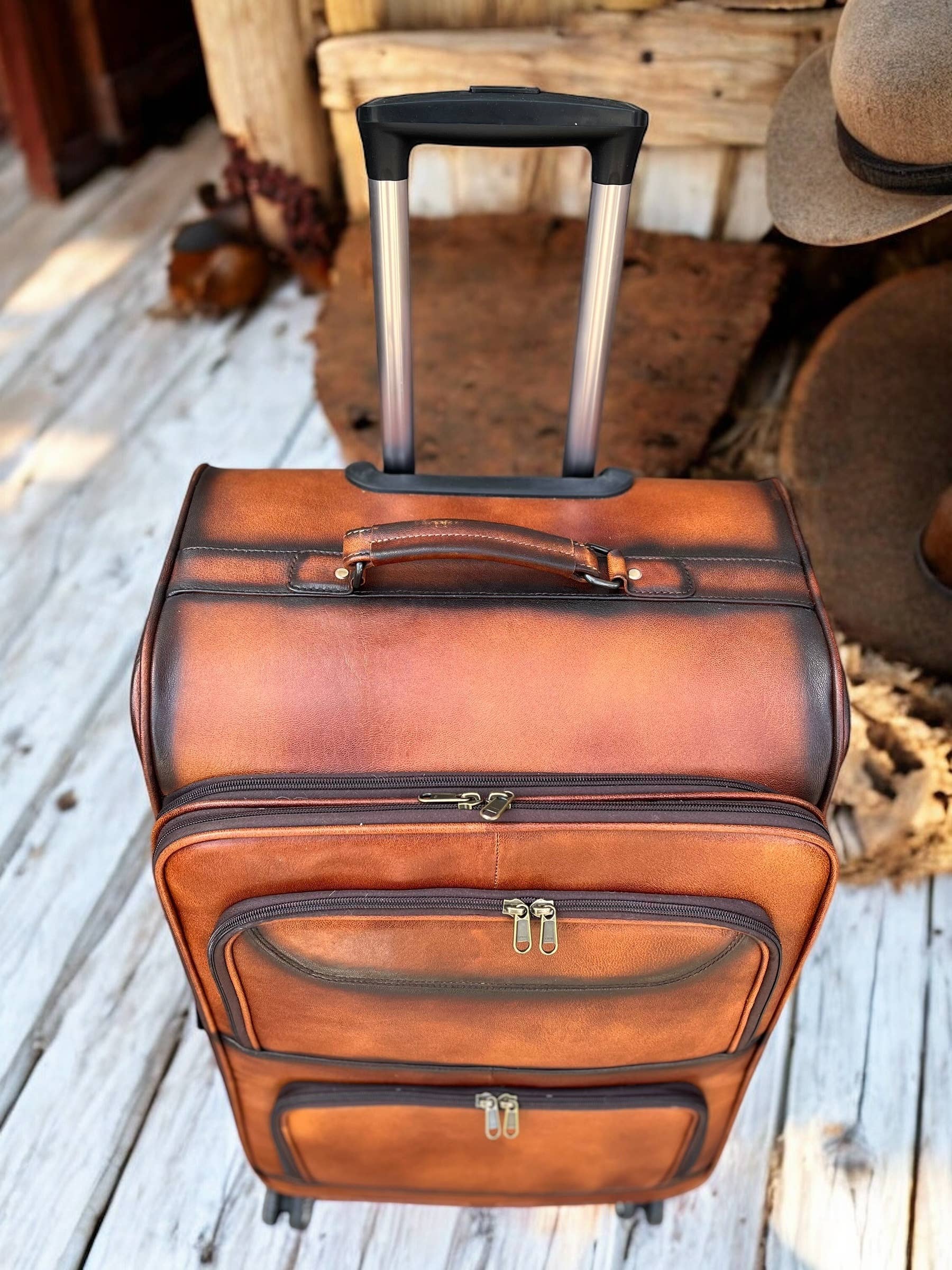 Western Linens - Wholesale Luggage - Burn Leather Rolling Suitcase Carry Luggage 1