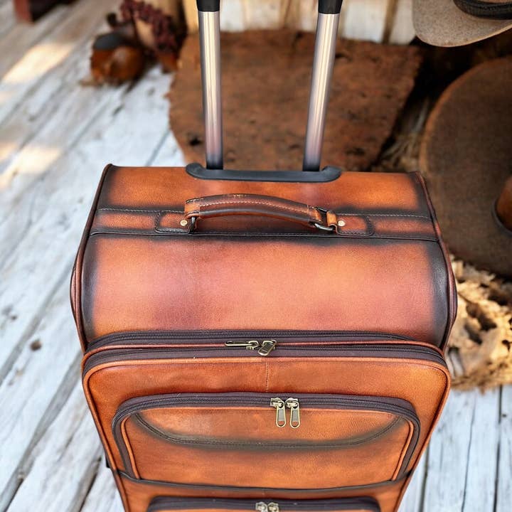 Western Linens - Wholesale Luggage - Burn Leather Rolling Suitcase Carry Luggage 1
