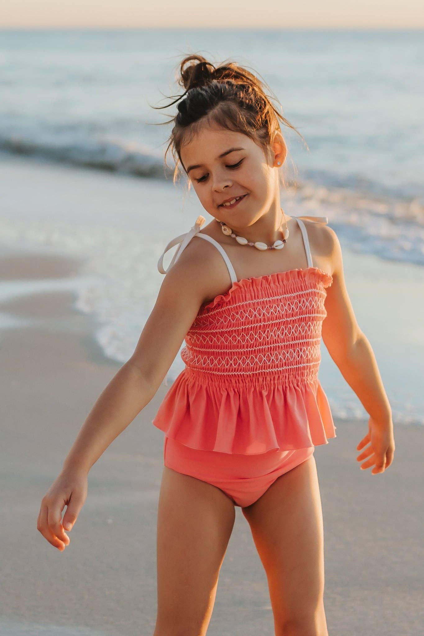 Indie Blue - Vente Bikini – enfant - Ensemble tankini à smocks (rose coquillage)5