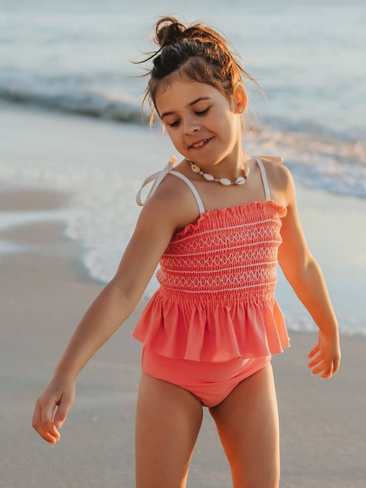 Indie Blue - Wholesale Two Piece Swimsuit - Kids - Smocked Tankini Set (shell pink)5