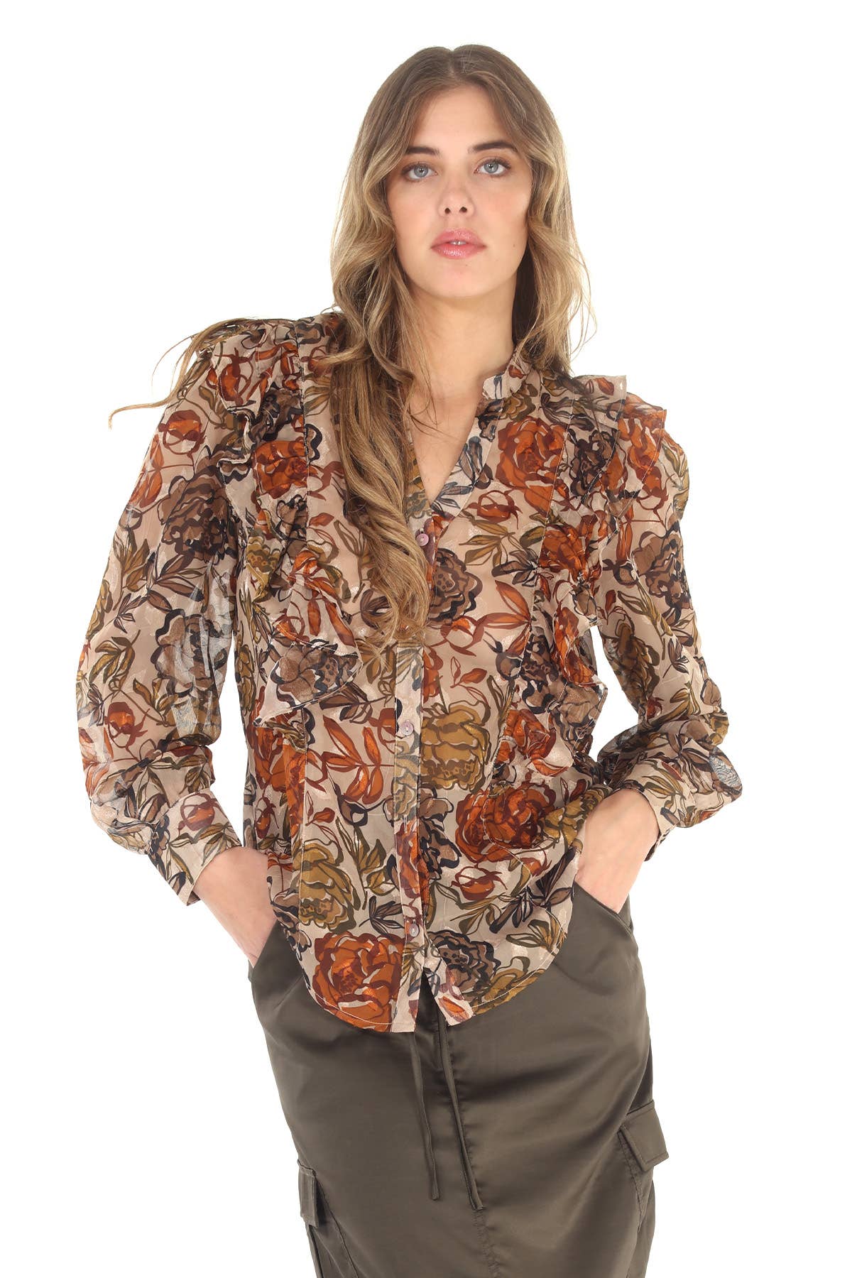 4543-MAT Floral Print Devore Ruffle Trim Blouse - Unlined for wholesale on Faire0