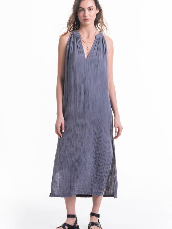 Sleeveless Petrol Gauze Midi Dress with Pockets for wholesale by ocean+main