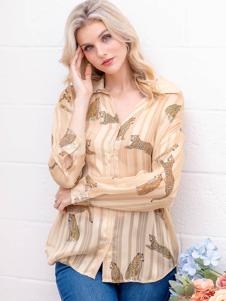 PT10280T-Long sleeve button up cheetah print top for wholesale by Taelynn