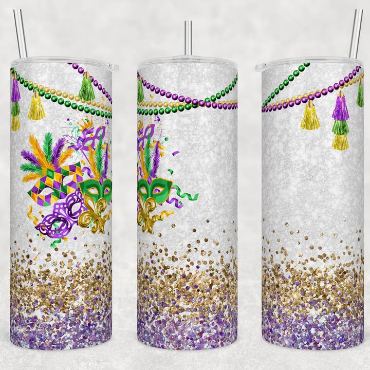 Glitter Beads Mardi Gras 20oz Sublimation Tumbler for wholesale by Twisted T Creations