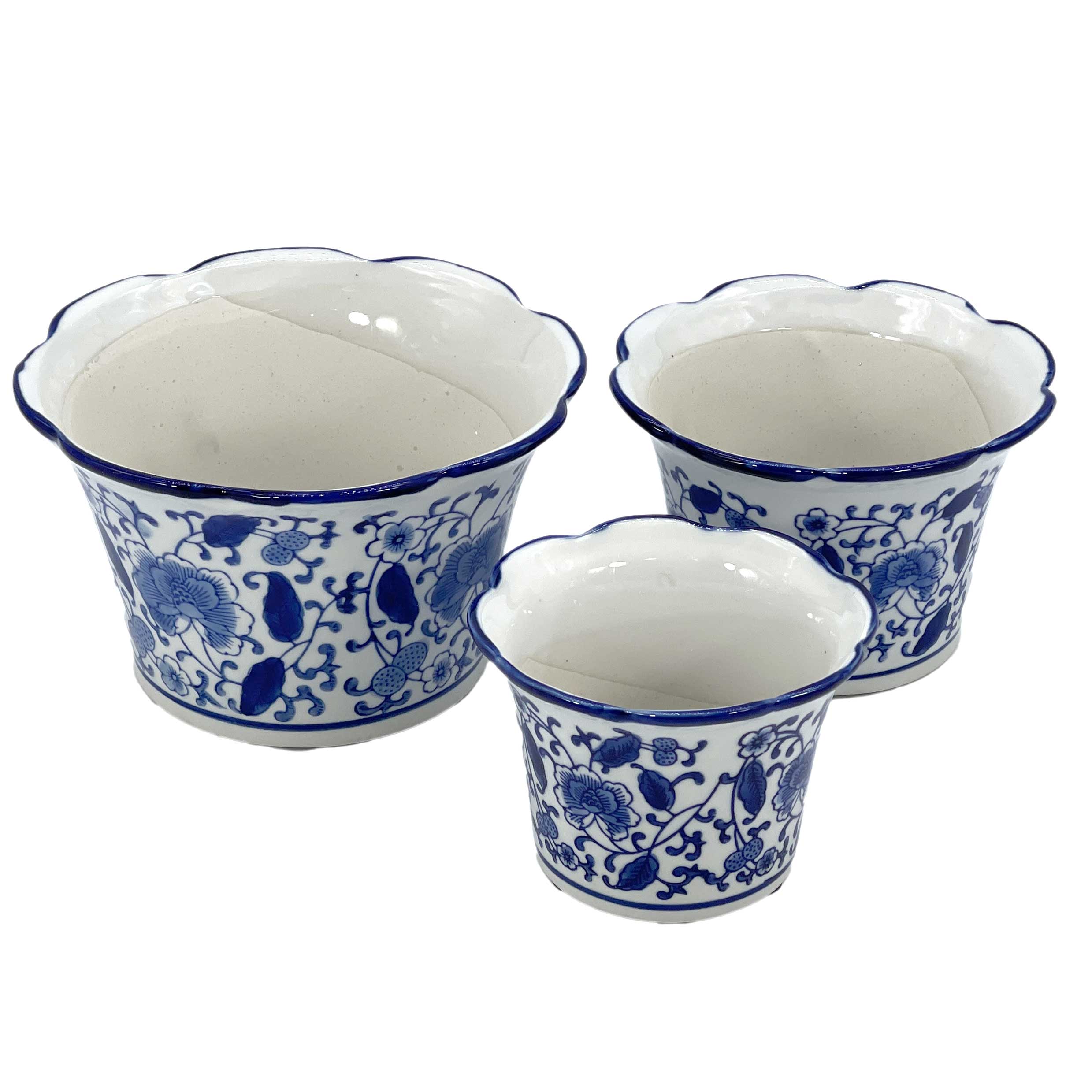 Galt International Company – wholesale Plant pot – Set of 3 Blue & White Floral Ceramic Pots Ruffled Lip Style23