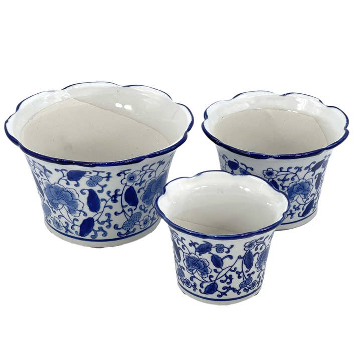 Galt International Company - Wholesale Plant Pot - Set of 3 Blue & White Floral Ceramic Pots Ruffled Lip Style23