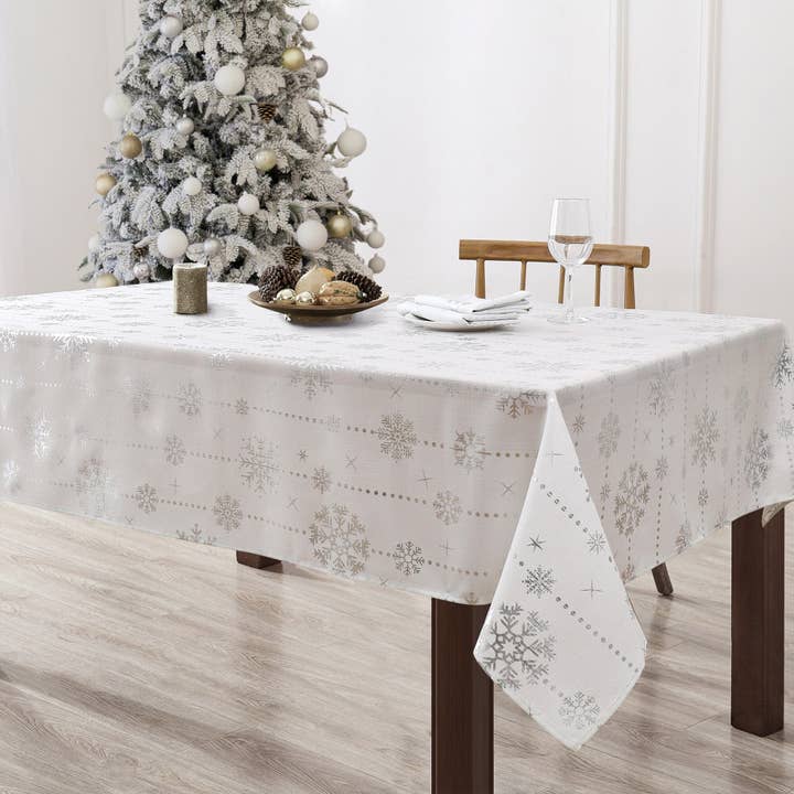 Foil Wonderland Snowflake Holiday/Christmas Tablecloth for wholesale by Threadmade Home