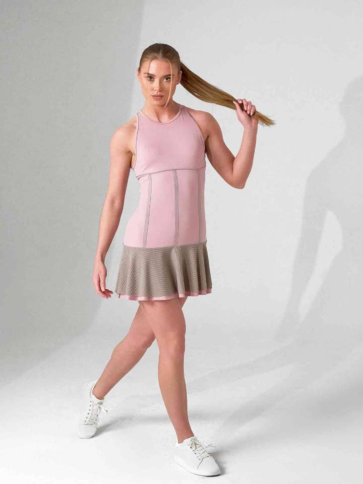 DUSTY PINK LATTE MAI DRESS | Performance Tennis & Pickleball Dress with Mesh Flounce for wholesale on Faire2
