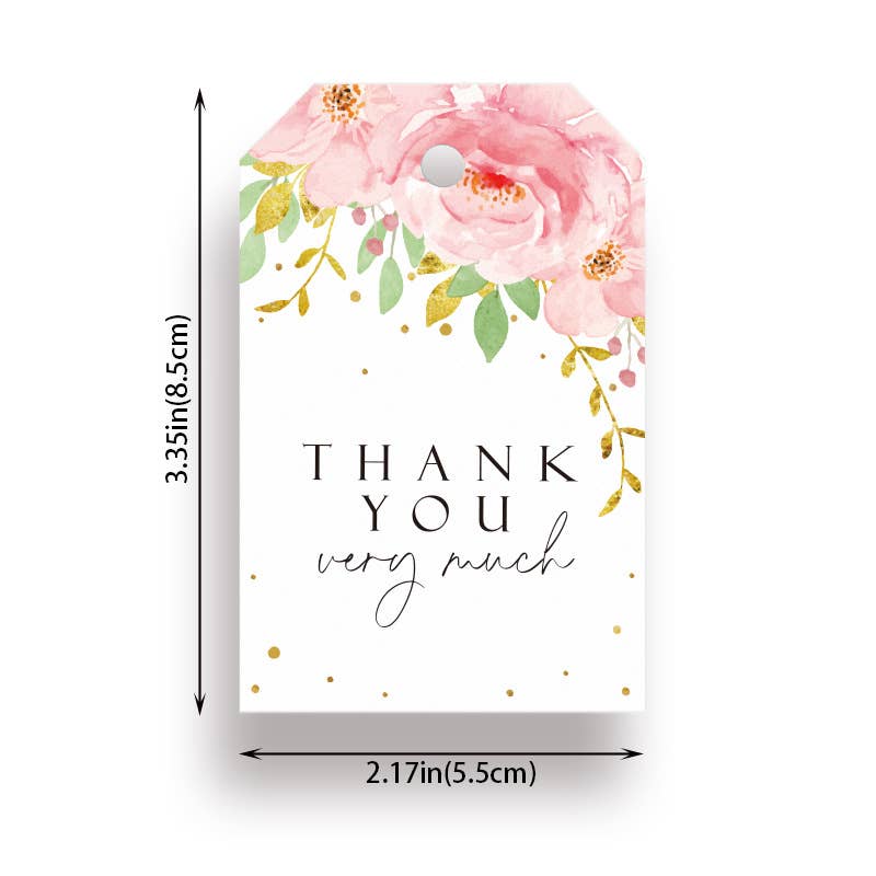 ByHome - Vente Étiquette cadeau - 50 pièces, 3,35 x 2,17" Étiquette MERCI avec fleur de rose et feuilles vertes3