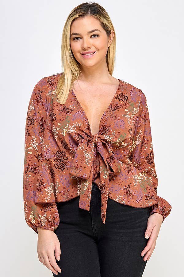 Haute Fox Plus Size & Contemporary - Wholesale Blouse - Dames - Top met strik aan de voorkant en bloemenprint in grote maten JK18498-T4