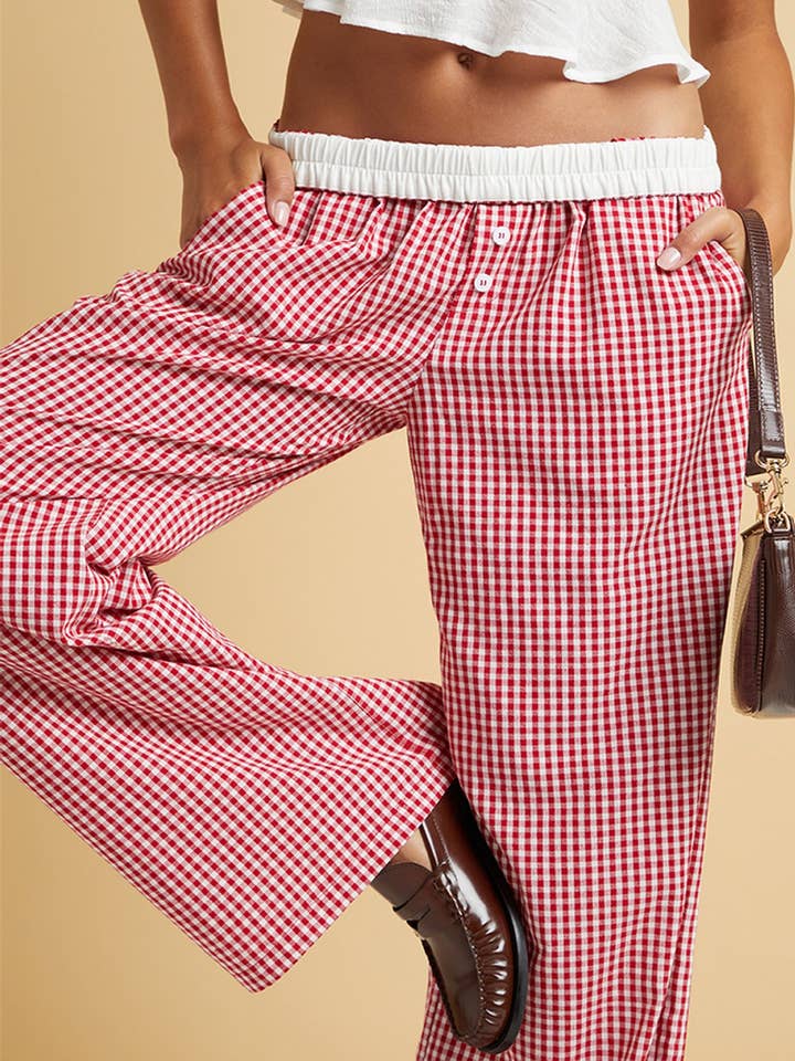 Rosa Clothing - Wholesale Pants - Women's - easy daily patchwork gingham wide leg pants3