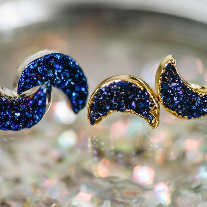 Rock Paradise - Wholesale Stud/Post Earrings - Crystal Moon Titanium Druzy Stud Earrings Electroplated 24k2