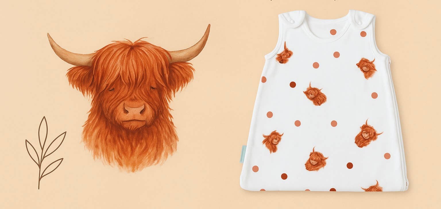 Highland Cow Organic Cotton Baby Sleeping Bag for wholesale on Faire4