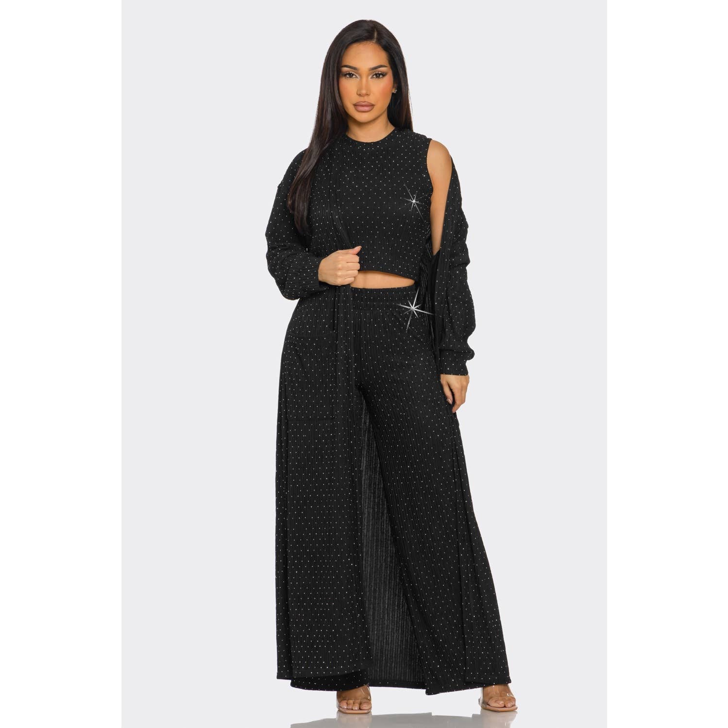 ITSSY – Engroshandel Loungesæt - Dame – Rhinestone Cardigan Crop Top Loungewear Buksesæt7