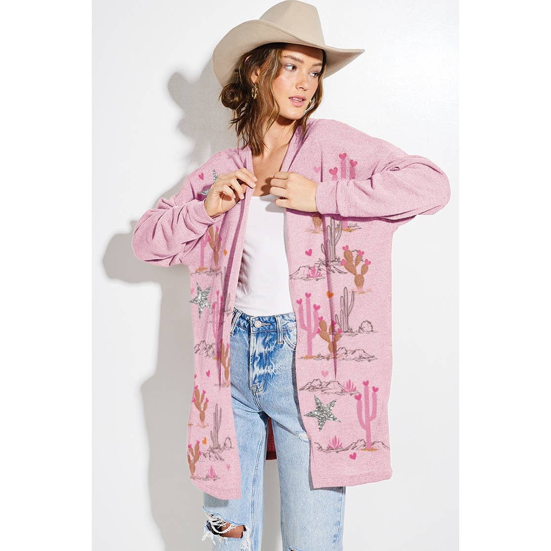 Phil Love – Großhandel Strickjacke – Damen – Wüstenkaktus Stern Glitzerprint Strickjacke0