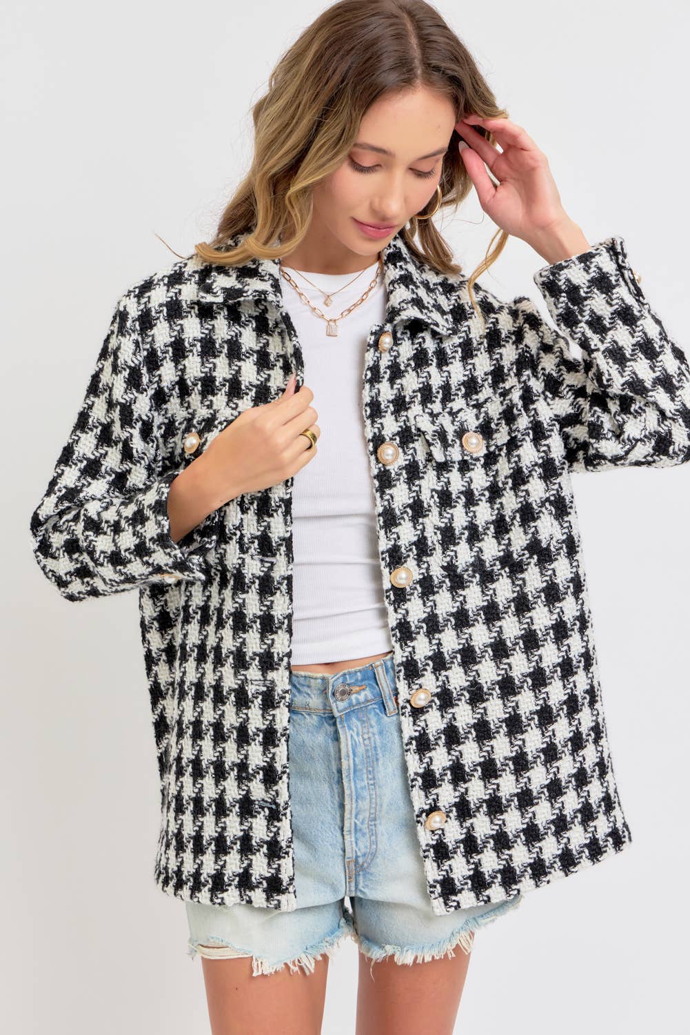 SCHWARZ/WEISS Hahnentritt Tweed Blazer mit lockerem Schnitt für den Großhandel auf Faire18