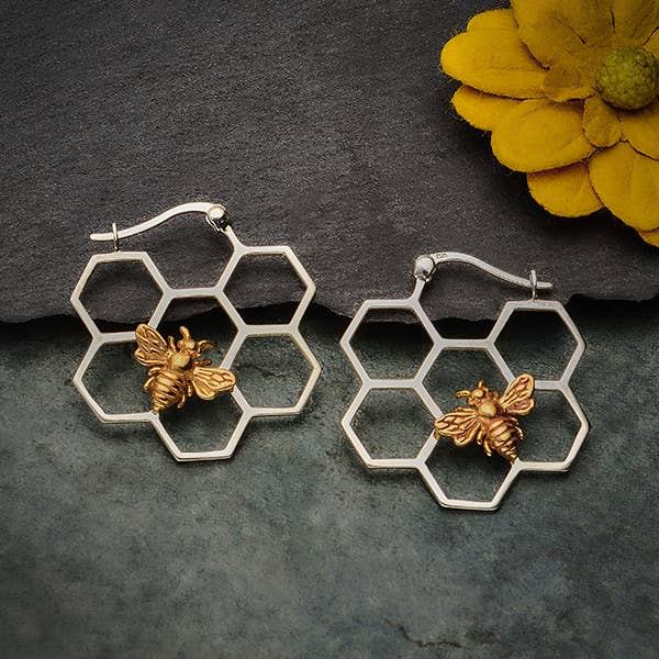 Silver Honeycomb Hoop Earrings with Bronze Bee 28x28mm for wholesale by Nina Designs