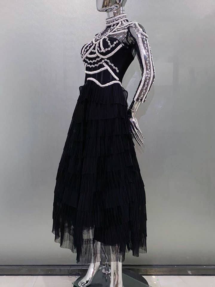 Black SY451 Luxury Handmade Beaded Dress with Fluffy Tulle Skirt for wholesale on Faire7