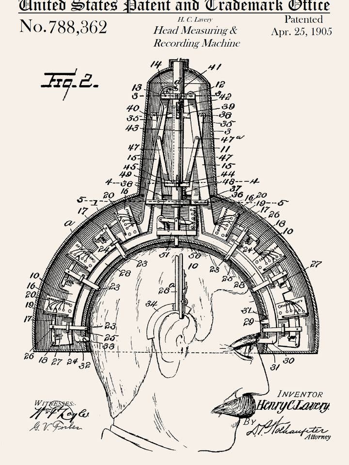 Head Measuring & Recording Machine Greeting Card
for wholesale by PATENT PRESS GREETING CARDS