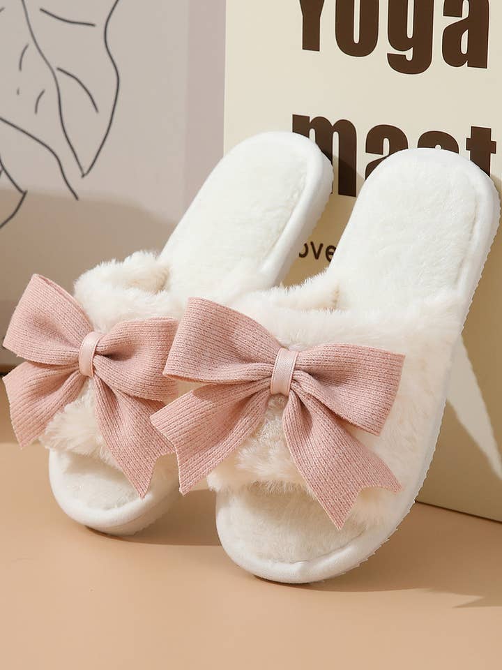 White Bow Knot Decor Open Toe Plush Slippers for wholesale by Suhkasana