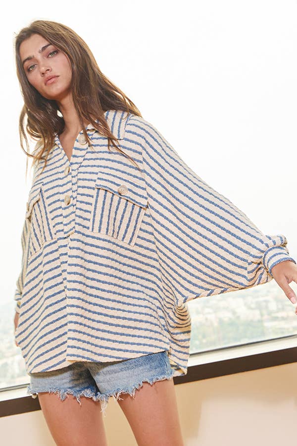 BUCKETLIST INC – wholesale Sweatshirt – Women's – T1578-5  Collared Oversized Button Up Stripe Pullover Top33