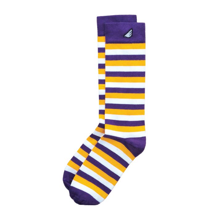 Jailbird - Purple, Gold & White. American Made Dress / Casual Stripe Socks for wholesale by Boldfoot Socks